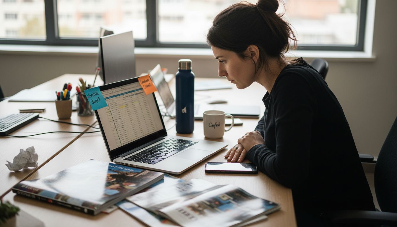 O femeie analizează diferite variante de vacanță, așezată la biroul ei și &icirc;ncerc&acirc;nd să aleagă cea mai bună opțiune pentru următoarea escapadă.